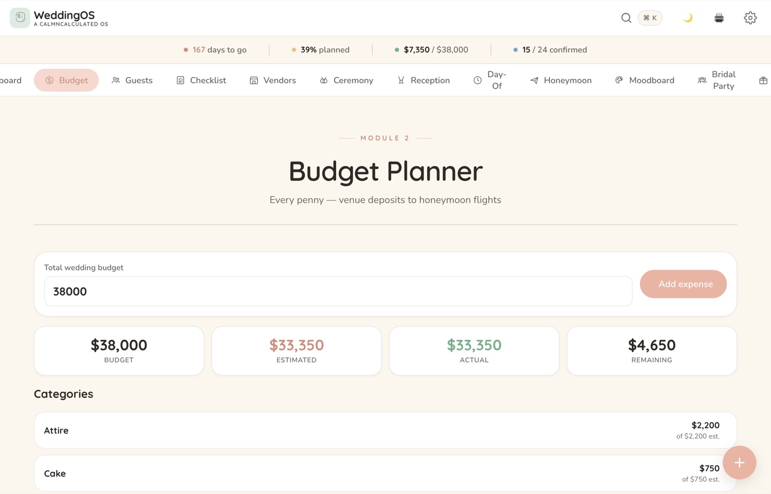 The Budget screen in the CalmNCalculated Wedding Planner, showing every cost held against what was set aside