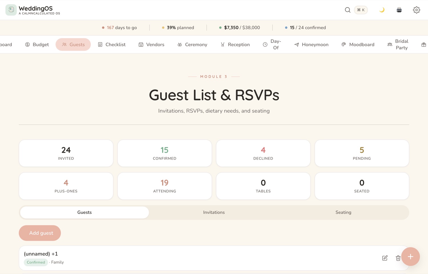 The Guests screen in the CalmNCalculated Wedding Planner, showing the guest list with invitations, RSVPs and numbers