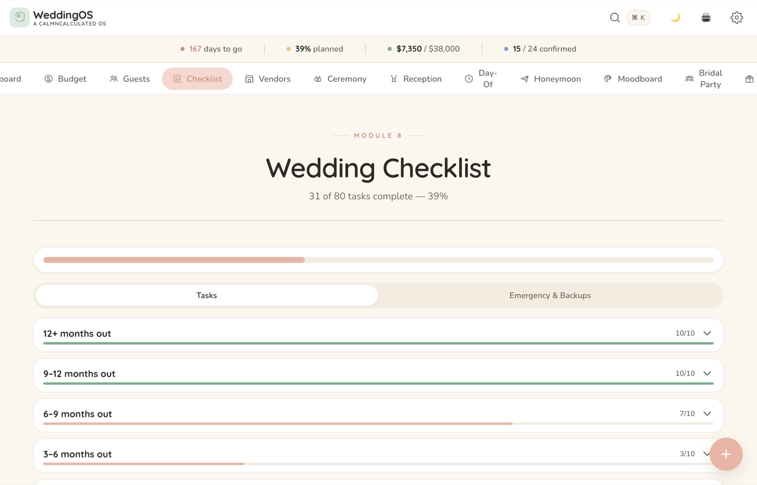 The Checklist screen in the CalmNCalculated Wedding Planner, showing a checklist ordered by when things have to happen